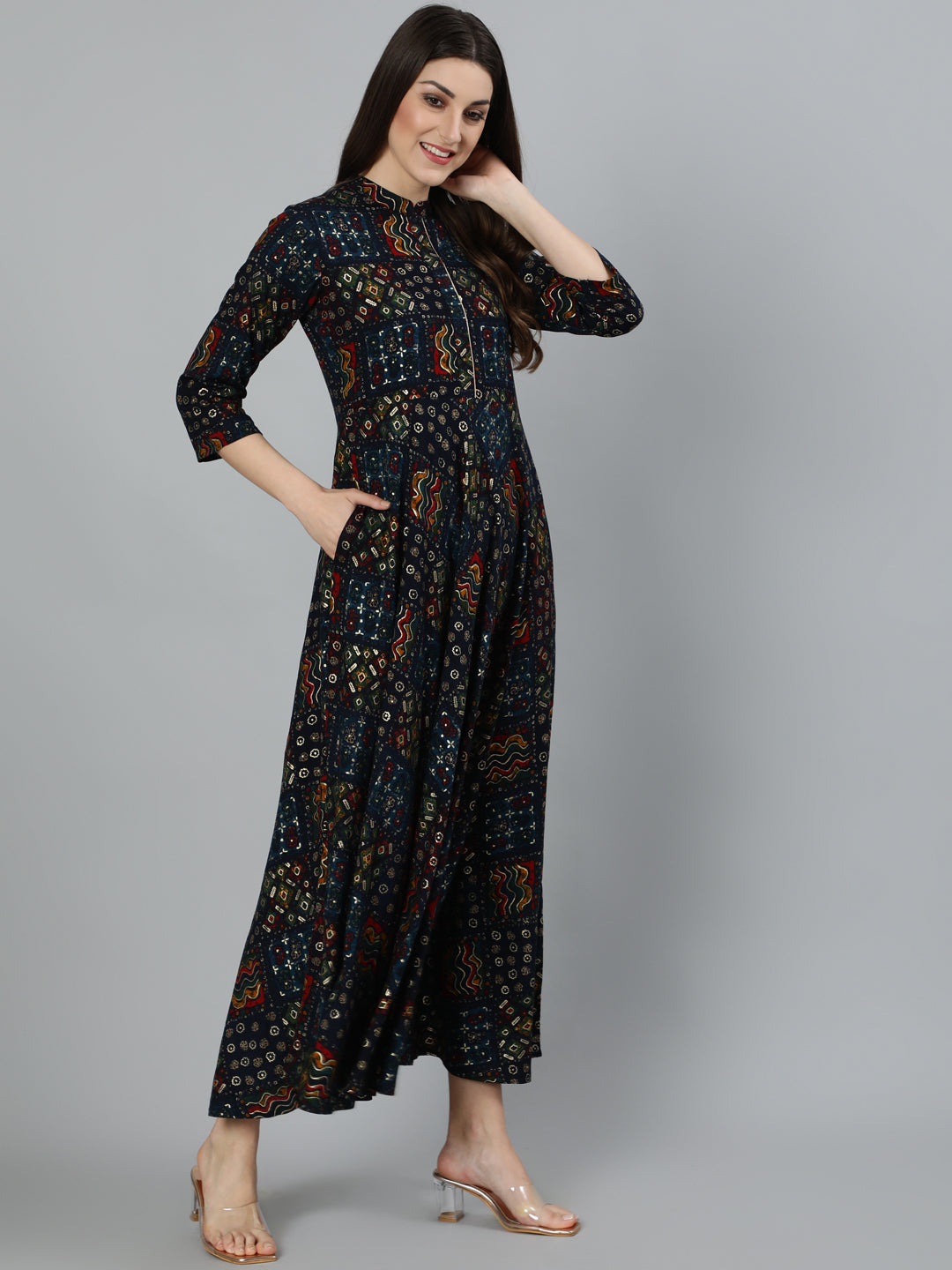 Navy Blue Ethnic Printed Maxi Dress With Three Quarter Sleeve