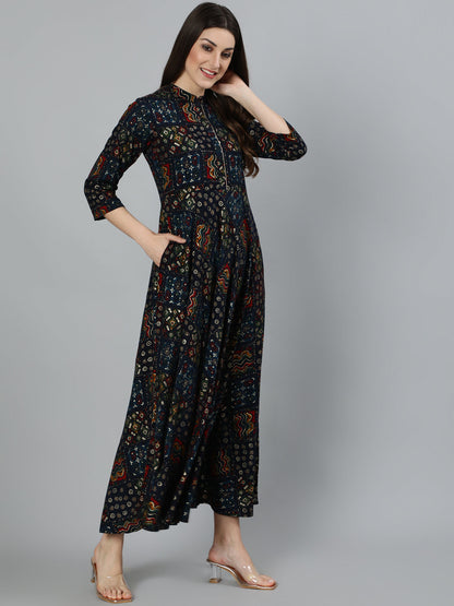 Navy Blue Ethnic Printed Maxi Dress With Three Quarter Sleeve