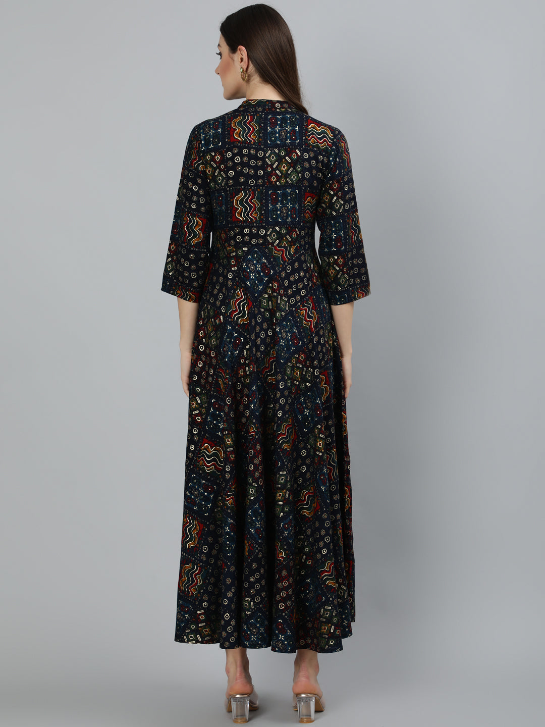 Navy Blue Ethnic Printed Maxi Dress With Three Quarter Sleeve
