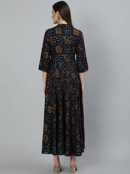 Navy Blue Ethnic Printed Maxi Dress With Three Quarter Sleeve