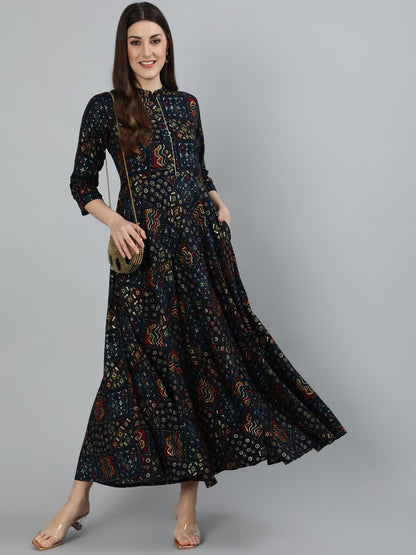 Navy Blue Ethnic Printed Maxi Dress With Three Quarter Sleeve