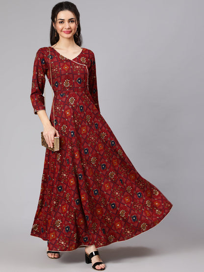 Maroon Ethnic Printed Flared Angrakha Dress