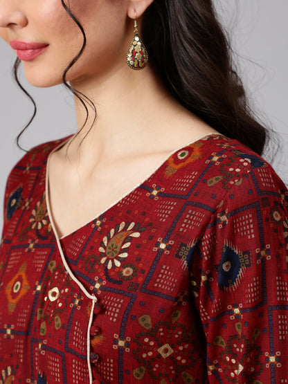 Maroon Ethnic Printed Flared Angrakha Dress