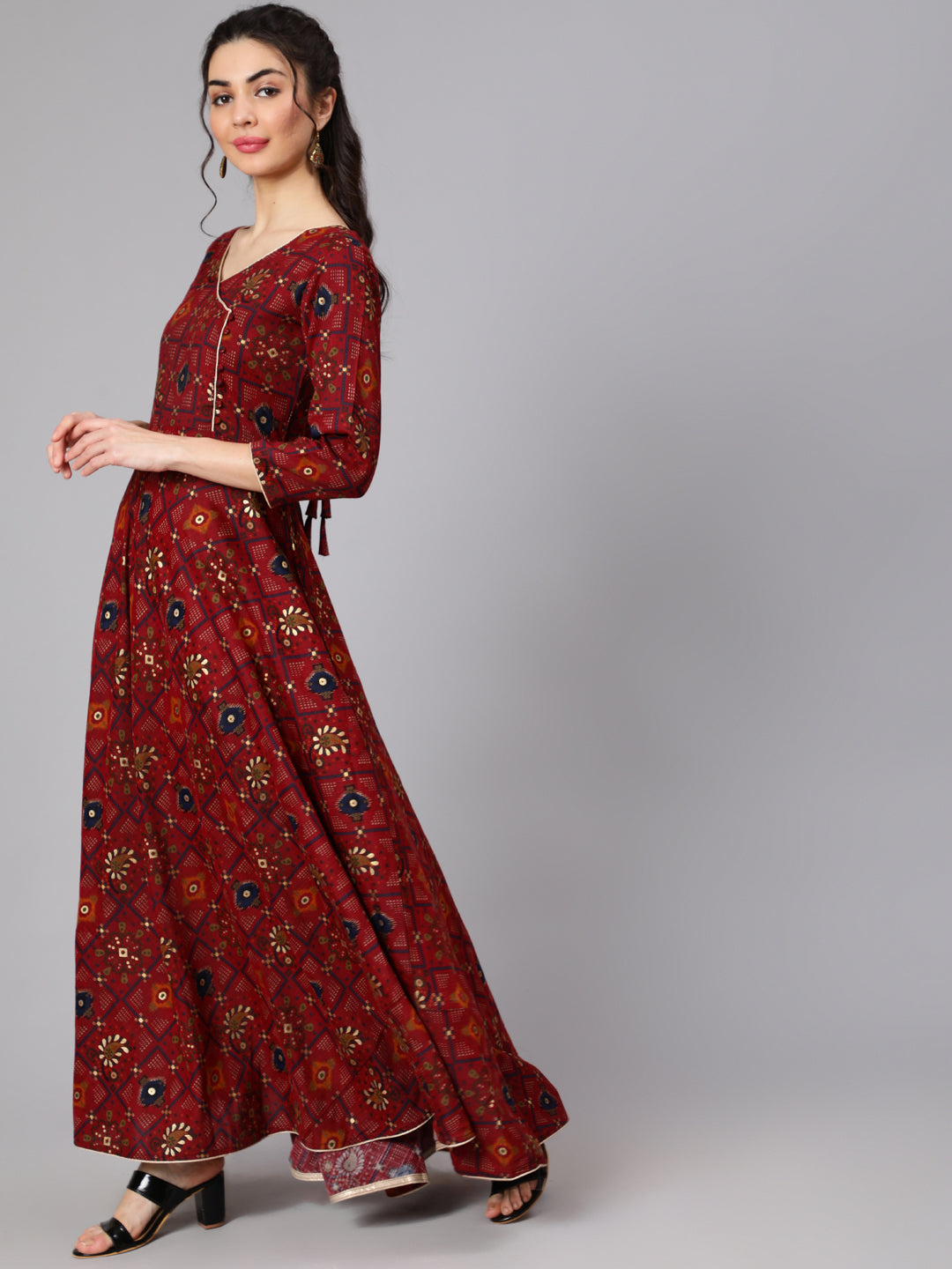 Maroon Ethnic Printed Flared Angrakha Dress