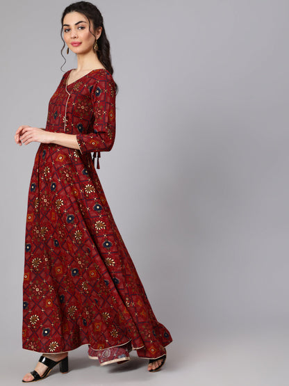 Maroon Ethnic Printed Flared Angrakha Dress