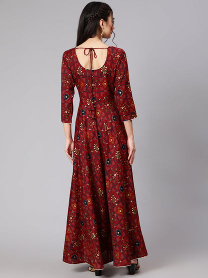 Maroon Ethnic Printed Flared Angrakha Dress