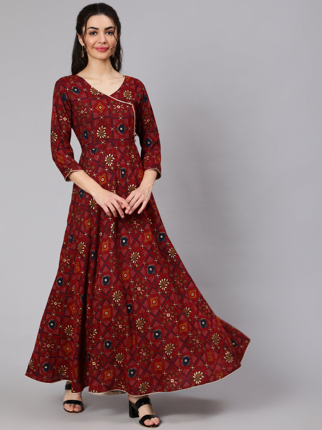 Maroon Ethnic Printed Flared Angrakha Dress