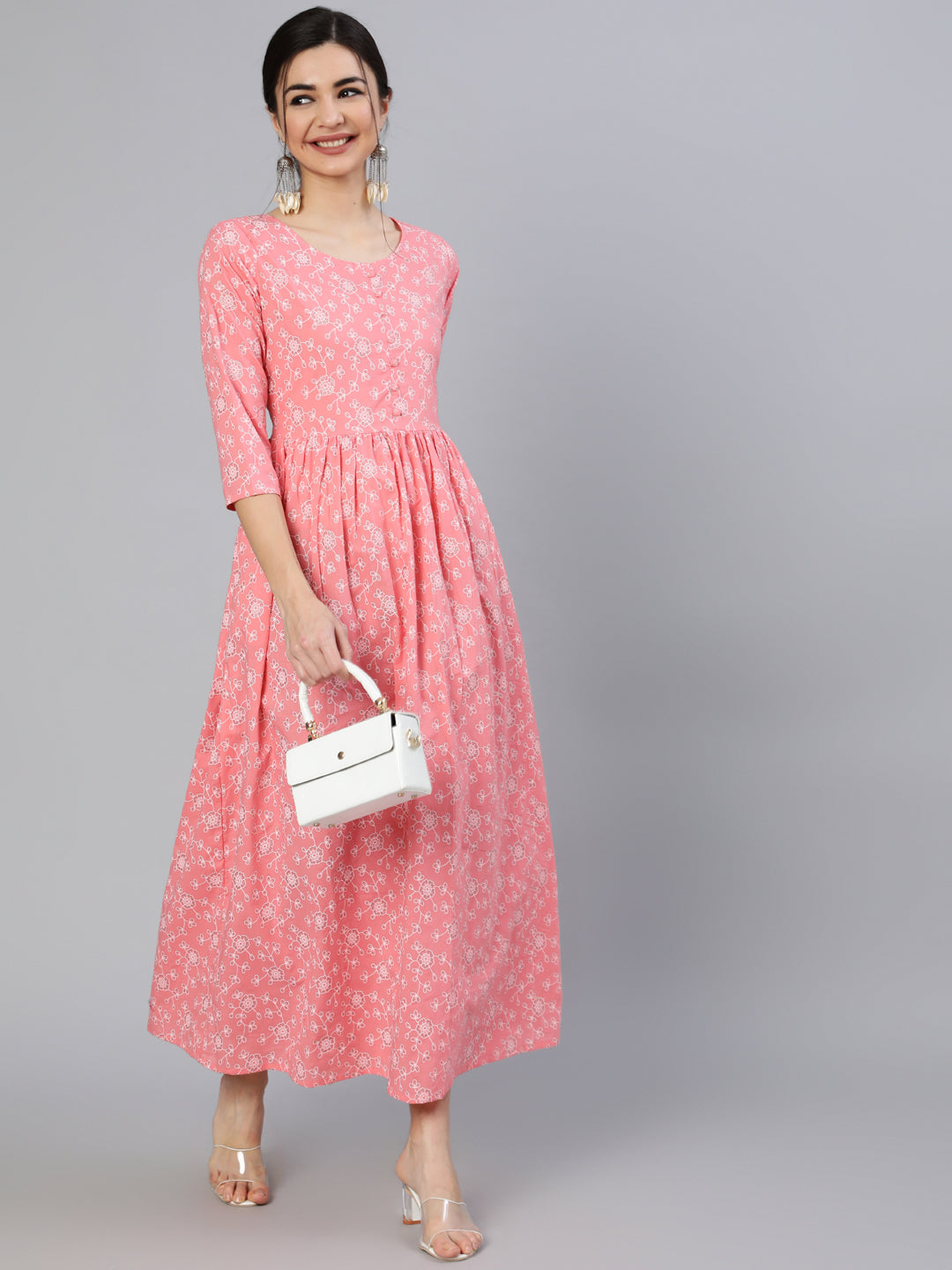 Pink Floral Printed Flared Dress With Round Neck