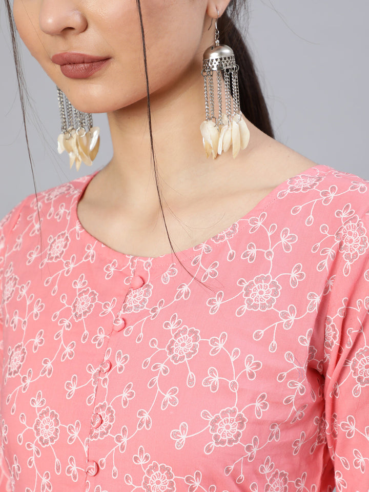 Pink Floral Printed Flared Dress With Round Neck