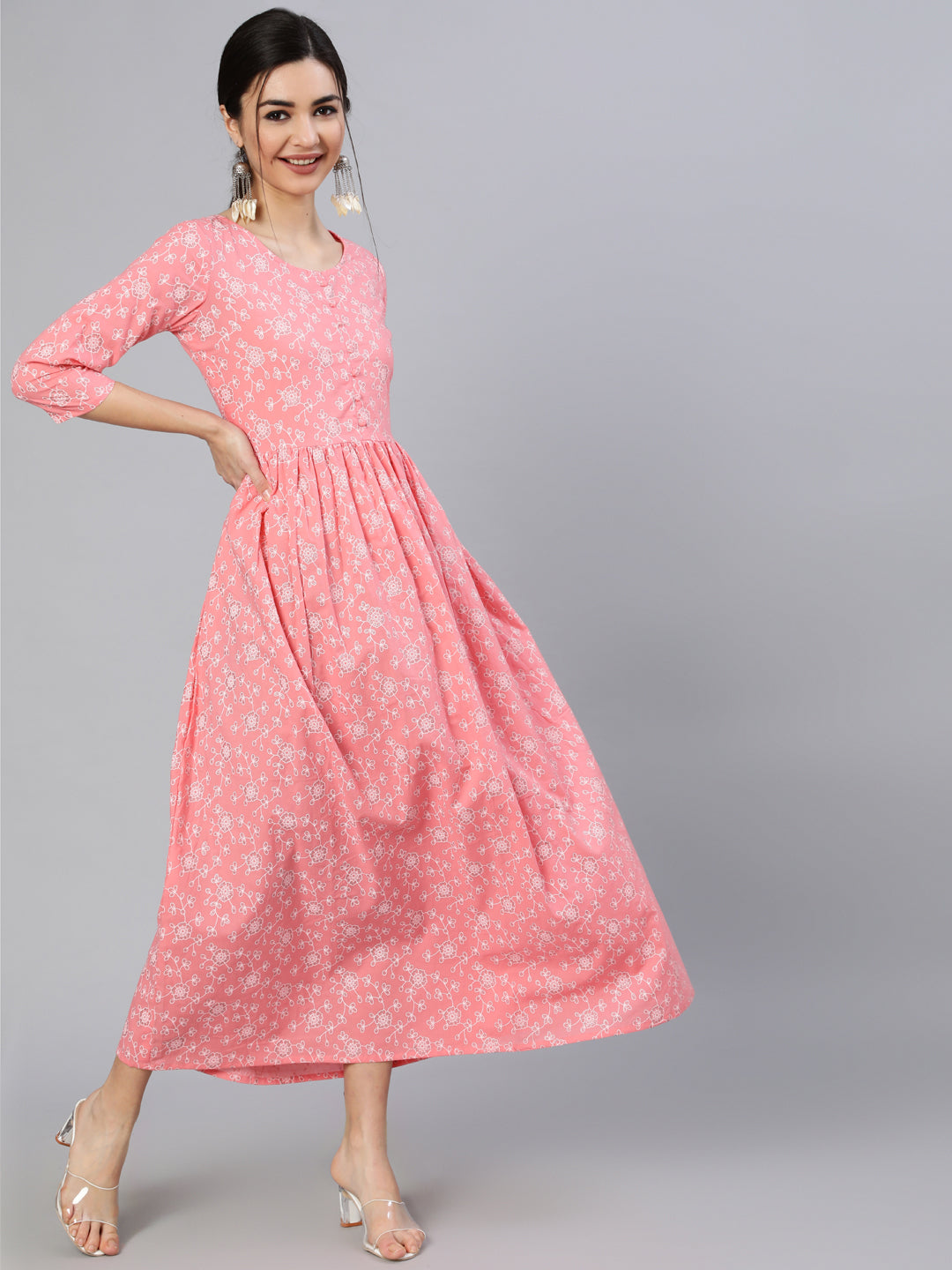 Pink Floral Printed Flared Dress With Round Neck