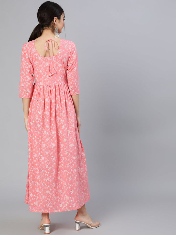 Pink Floral Printed Flared Dress With Round Neck