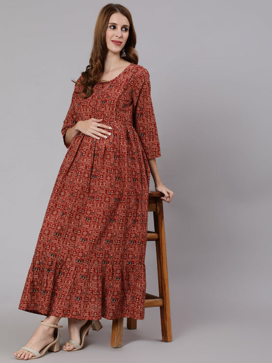 Rust Ethnic Printed Maternity Dress With Three Quarter Sleeves