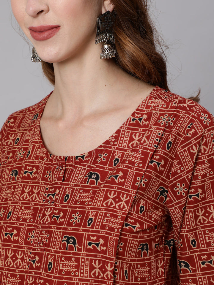 Rust Ethnic Printed Maternity Dress With Three Quarter Sleeves