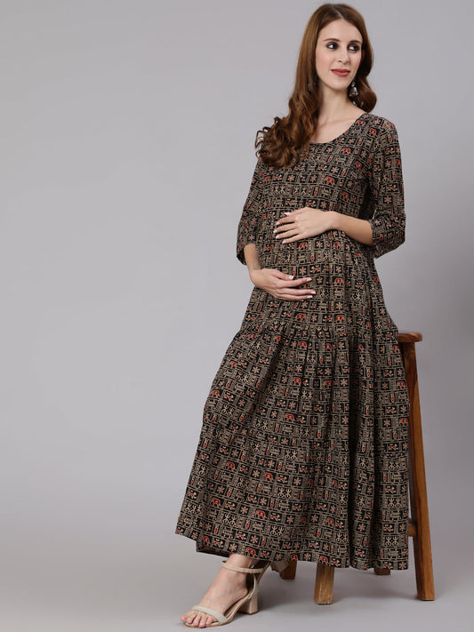 Black & Beige Ethnic Printed Maternity Dress With Three Quarter Sleeves