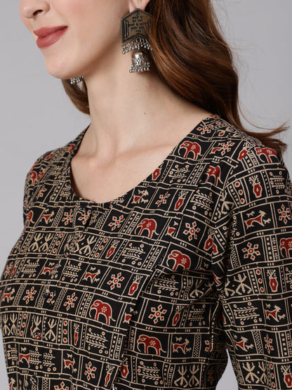 Black & Beige Ethnic Printed Maternity Dress With Three Quarter Sleeves
