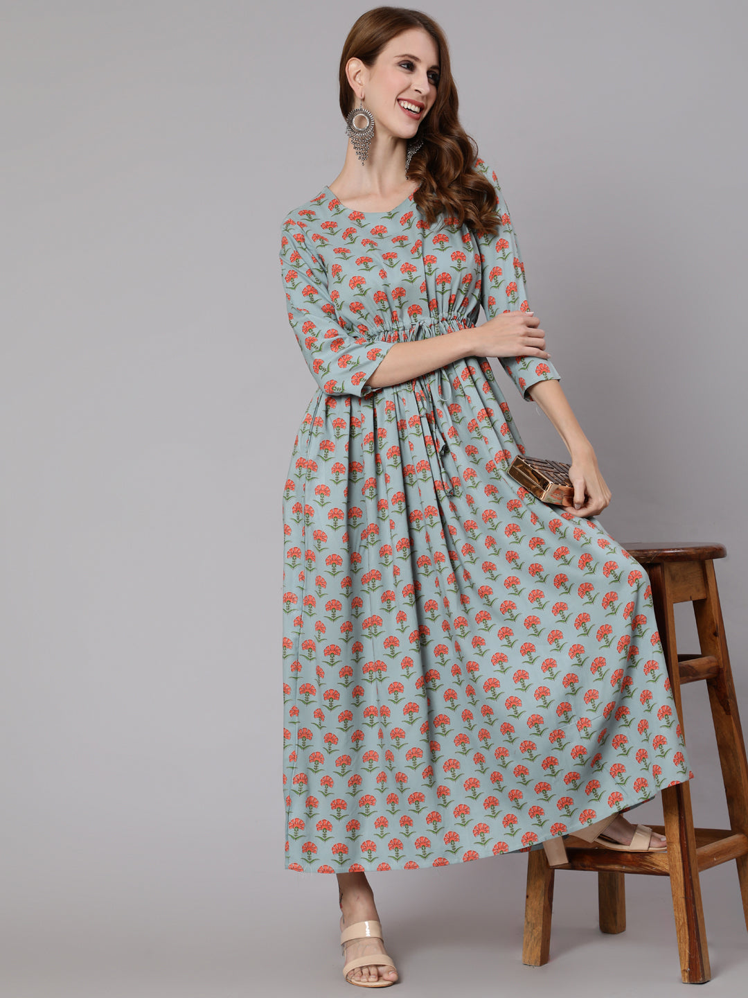 Sage Green Floral Printed Flared Dress With Three Quarter Sleeves