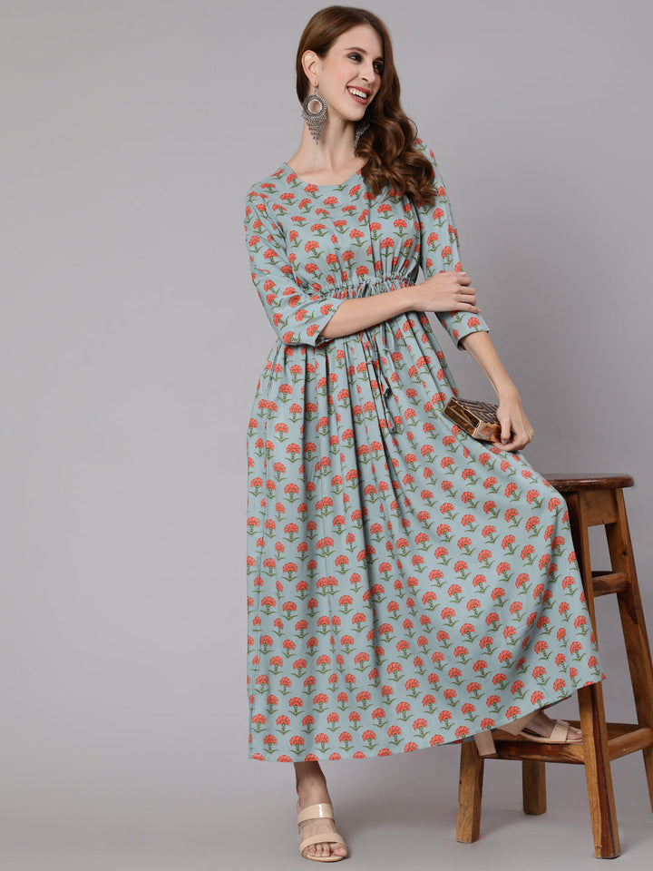 Sage Green Floral Printed Flared Dress With Three Quarter Sleeves
