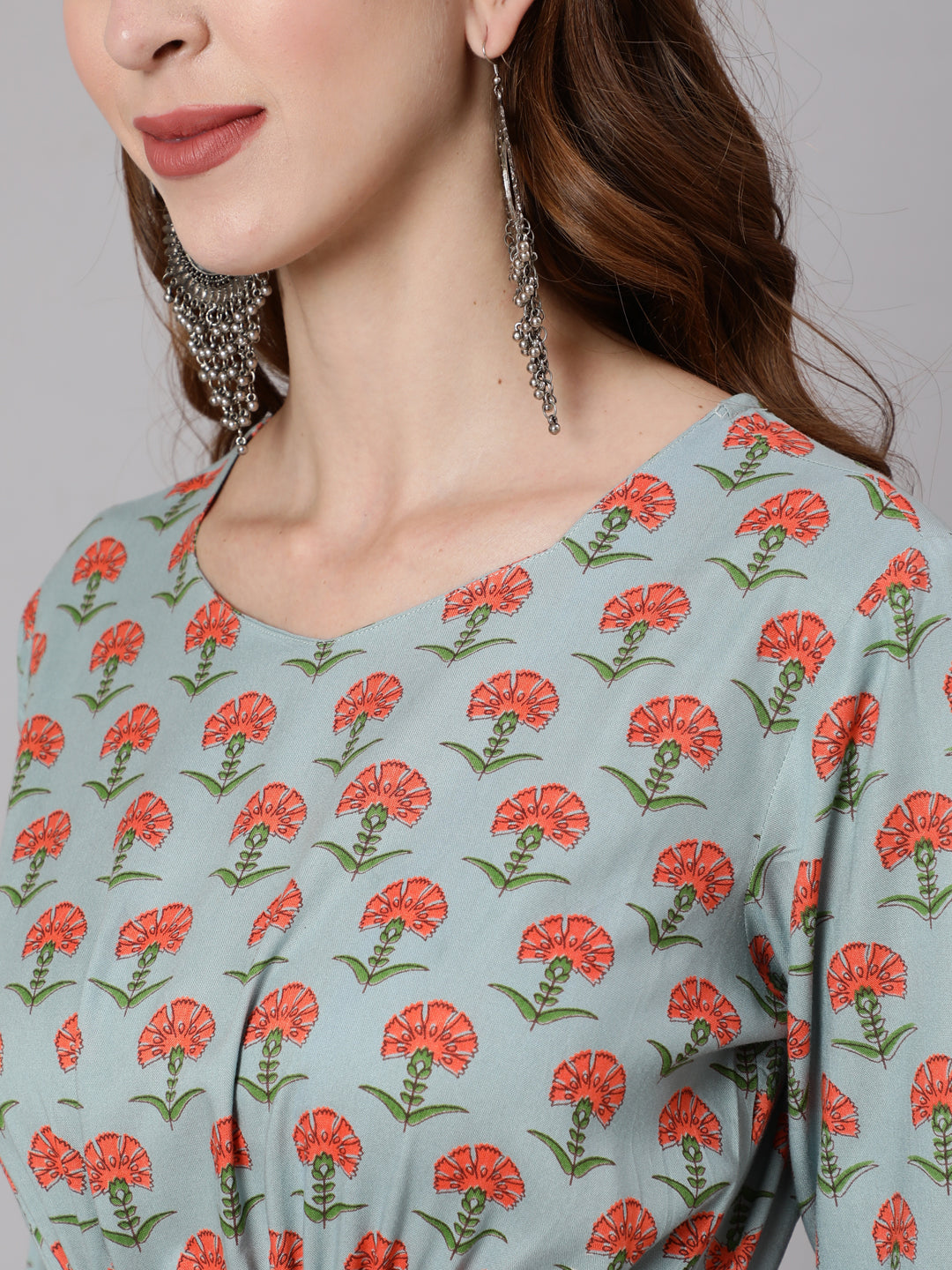 Sage Green Floral Printed Flared Dress With Three Quarter Sleeves