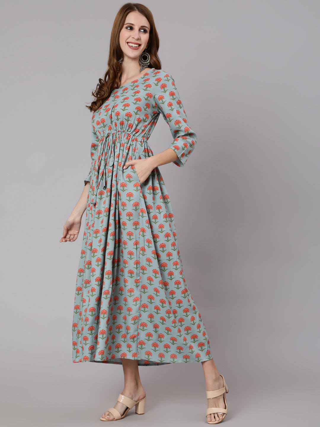 Sage Green Floral Printed Flared Dress With Three Quarter Sleeves