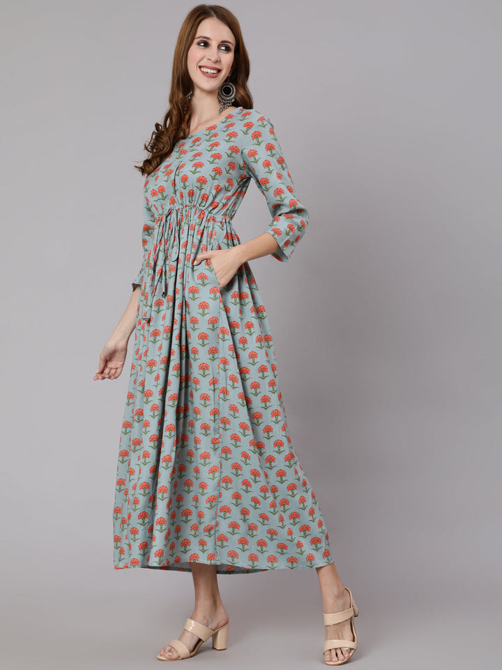 Sage Green Floral Printed Flared Dress With Three Quarter Sleeves