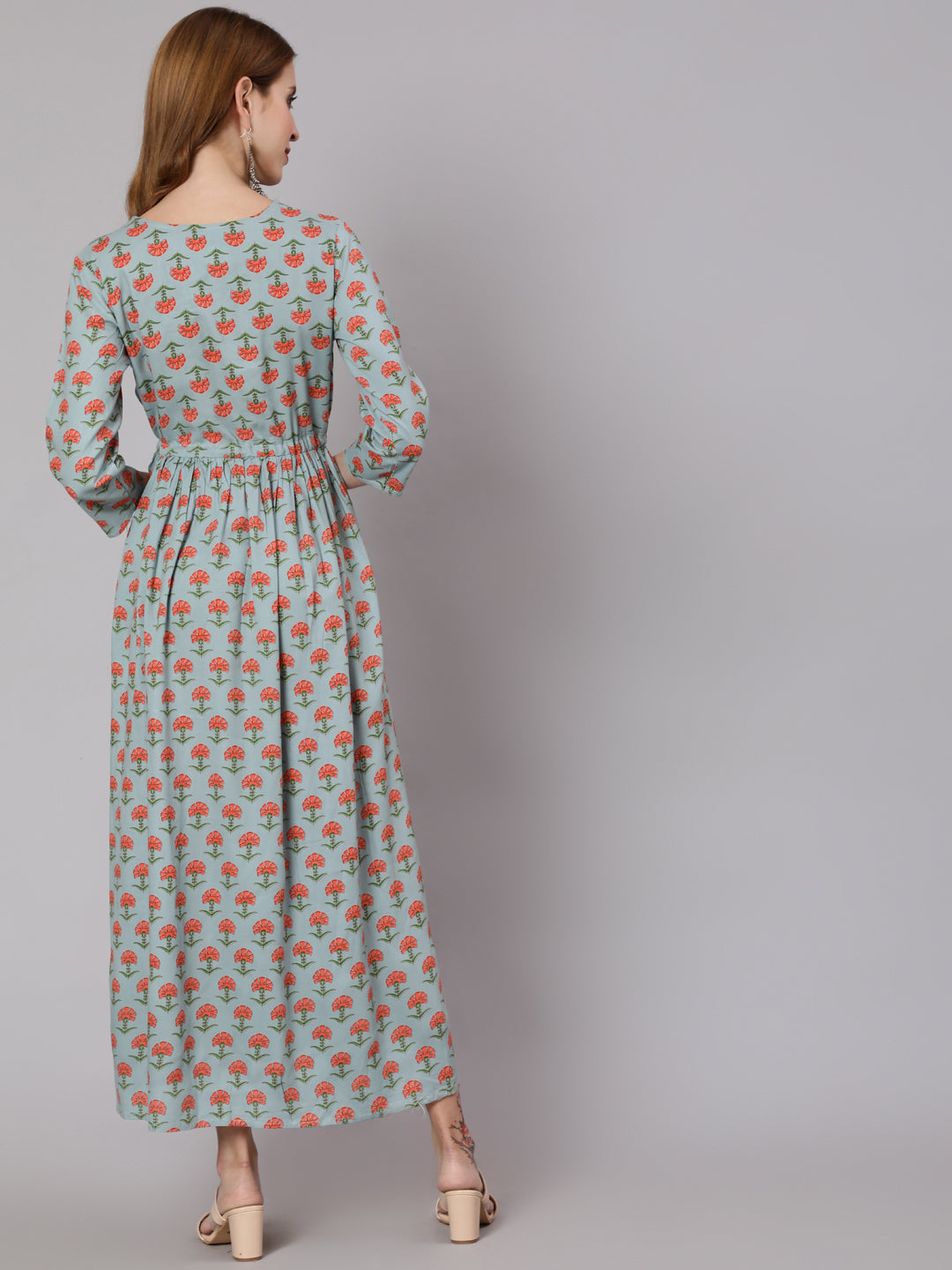 Sage Green Floral Printed Flared Dress With Three Quarter Sleeves