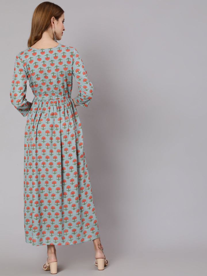 Sage Green Floral Printed Flared Dress With Three Quarter Sleeves