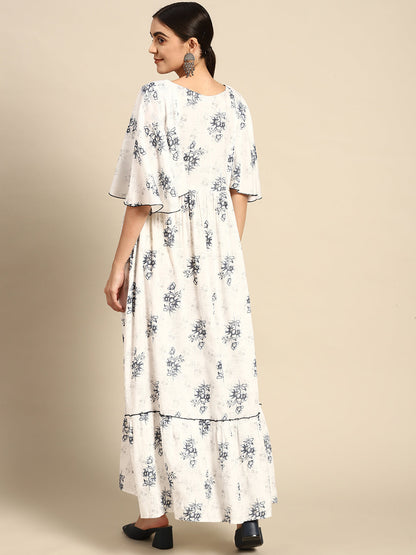 Off-White Floral Printred Taired Dress With Flared Sleeves