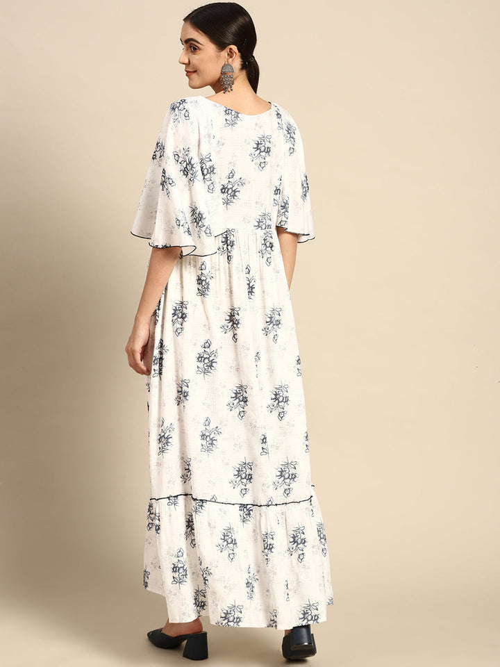 Off-White Floral Printred Taired Dress With Flared Sleeves