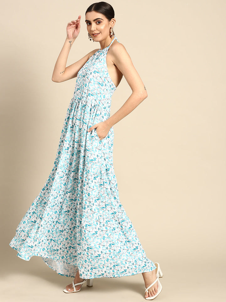 Off White &amp; Green Halter Dress