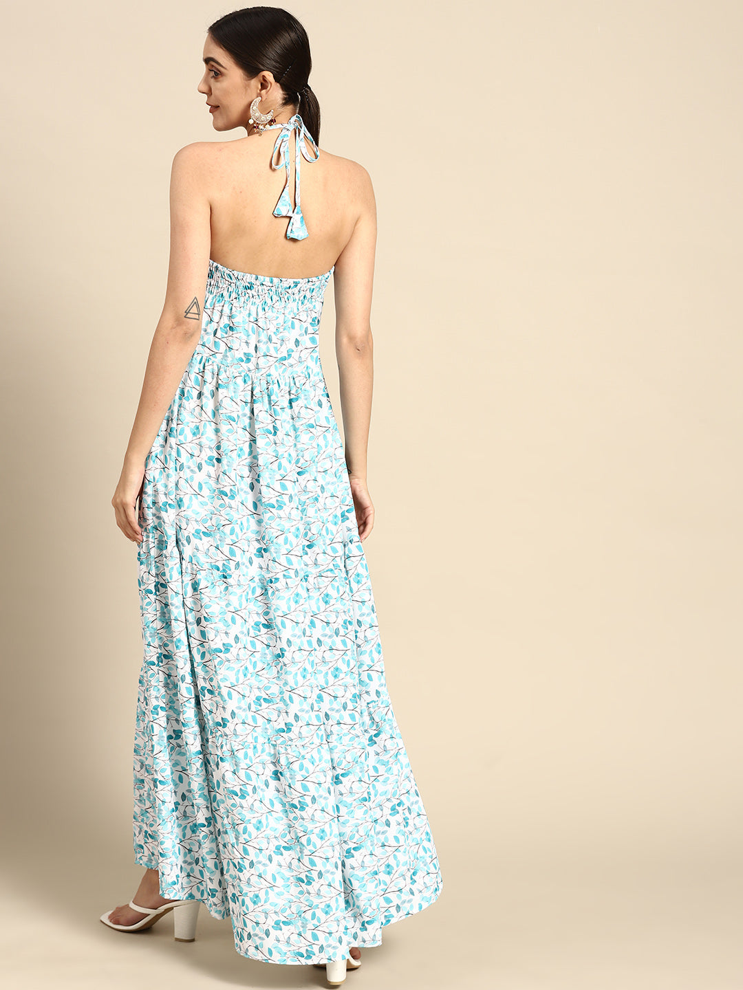 Off White &amp; Green Halter Dress