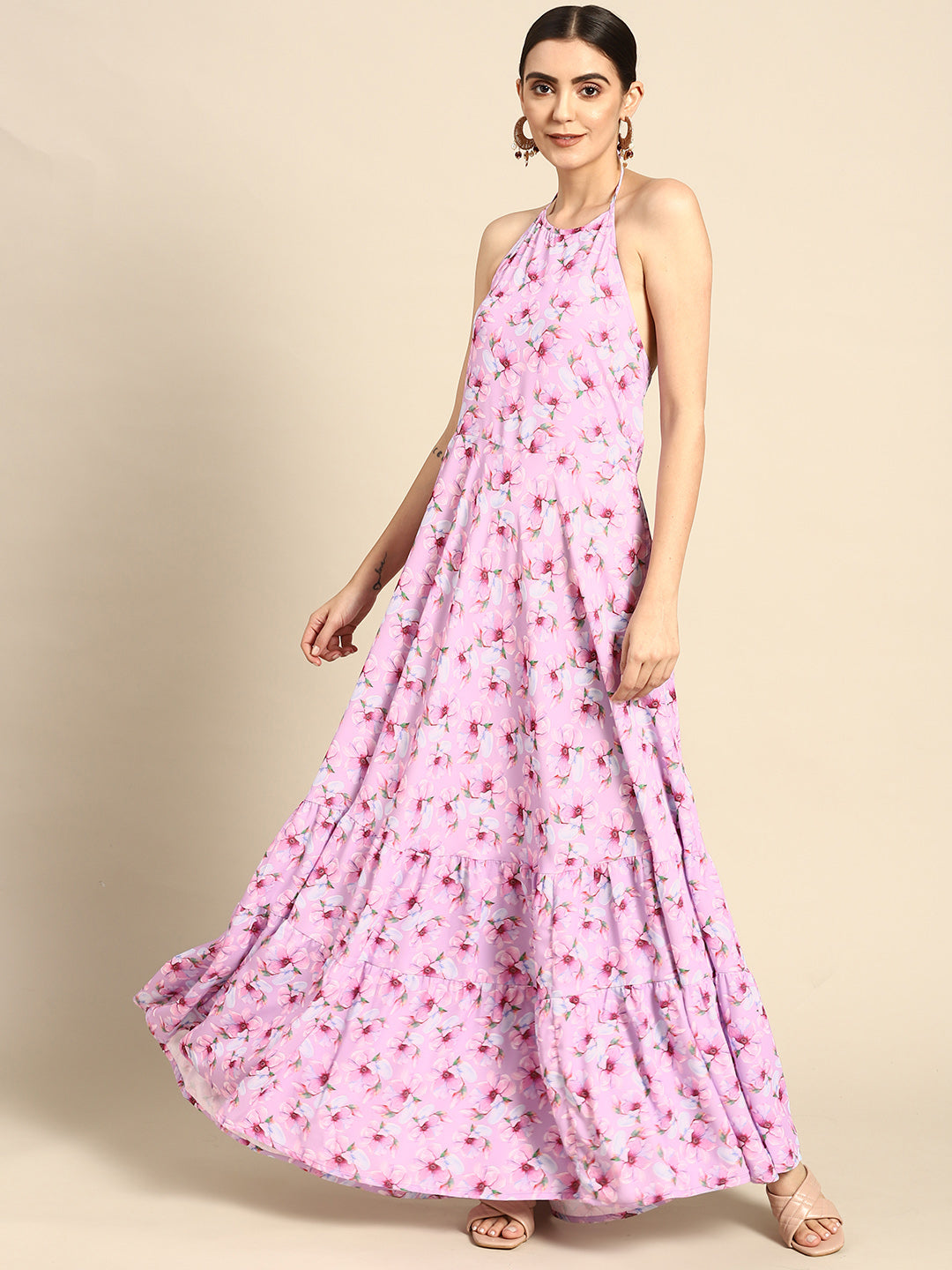Pink Floral Printed Halter Dress