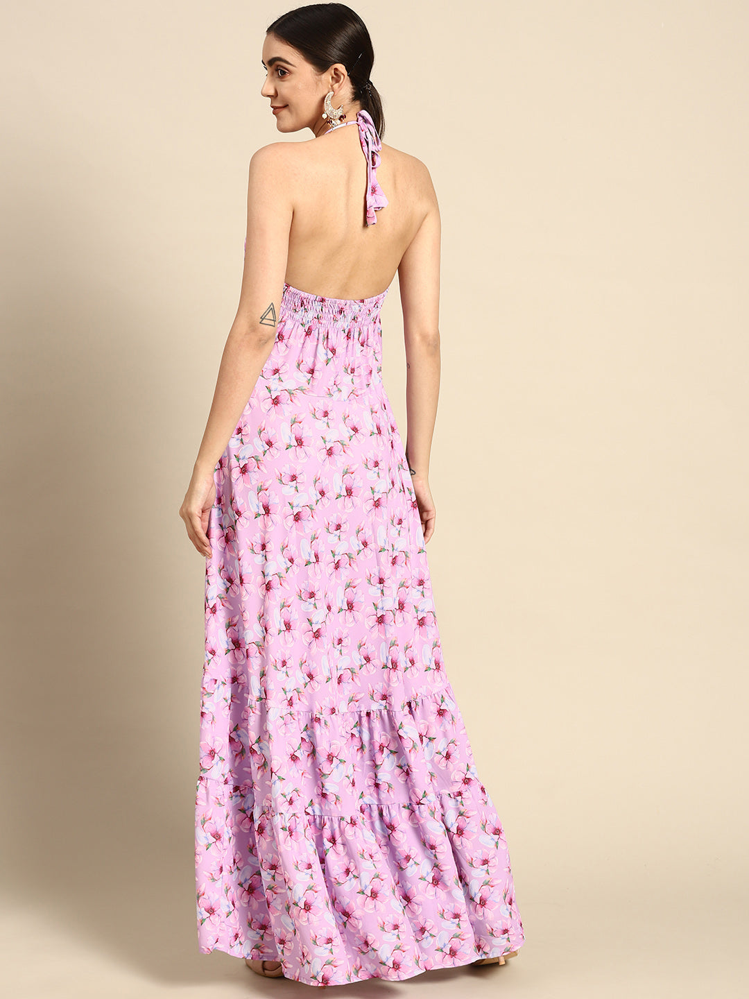 Pink Floral Printed Halter Dress