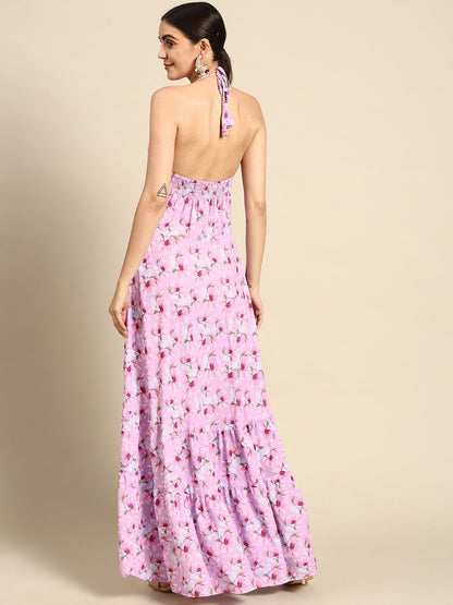 Pink Floral Printed Halter Dress