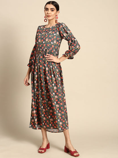WomenTeal Blue Floral Printed Dress With Three Quarter Sleeves