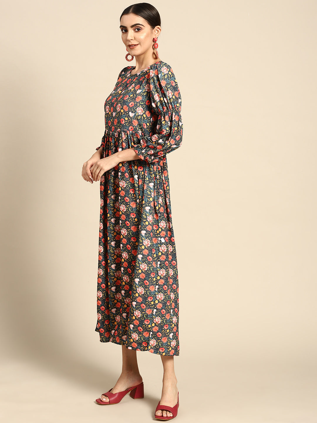 WomenTeal Blue Floral Printed Dress With Three Quarter Sleeves
