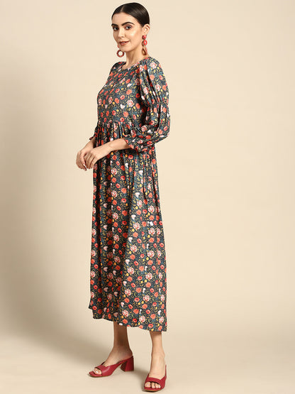 WomenTeal Blue Floral Printed Dress With Three Quarter Sleeves