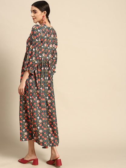 WomenTeal Blue Floral Printed Dress With Three Quarter Sleeves