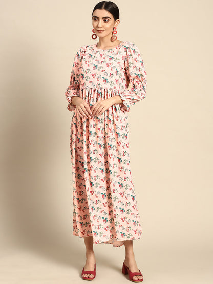 Peach Floral Printed Dress With Three Quarter Sleeves