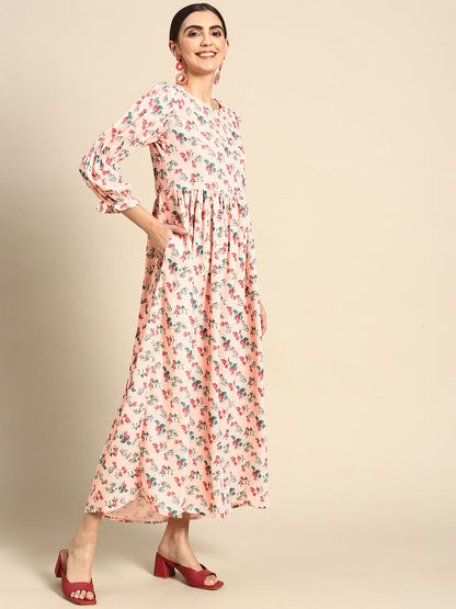 Peach Floral Printed Dress With Three Quarter Sleeves