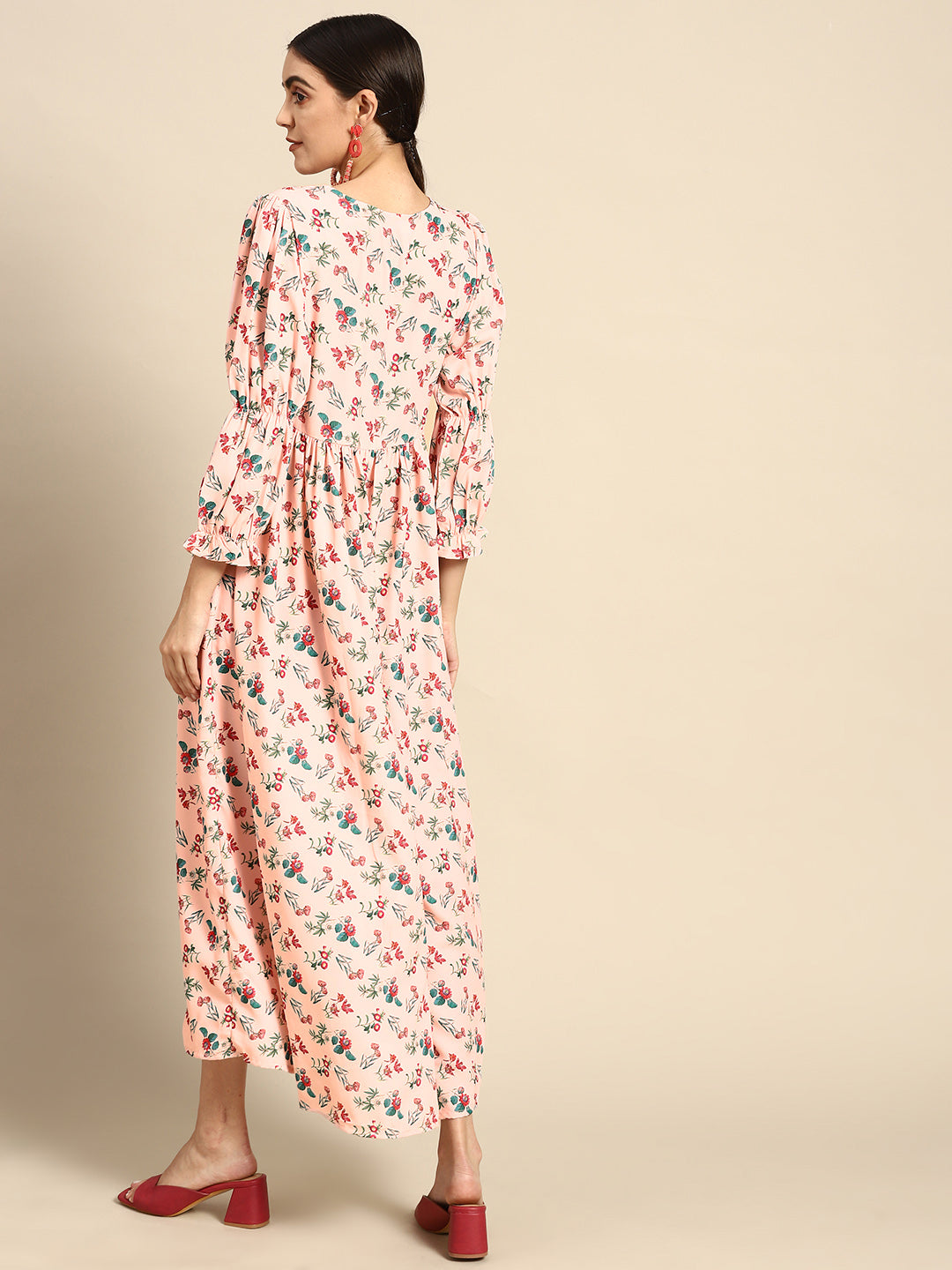 Peach Floral Printed Dress With Three Quarter Sleeves