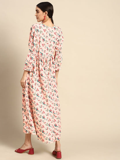 Peach Floral Printed Dress With Three Quarter Sleeves