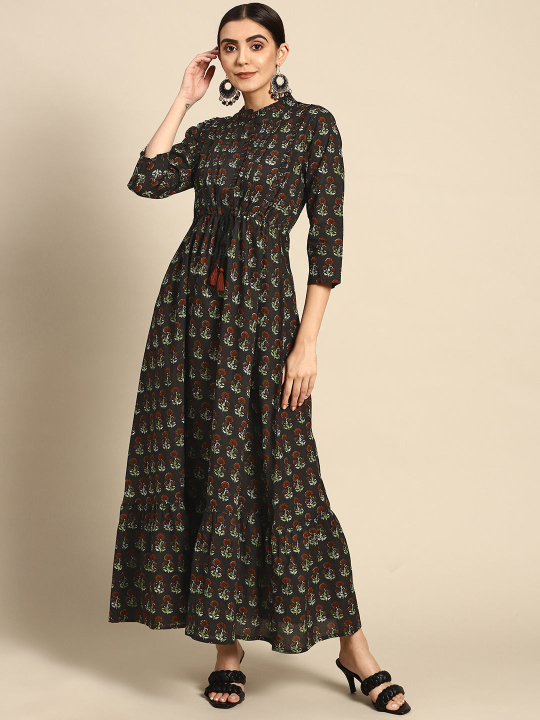 Black Printed Dress With Three Quarter Sleeves