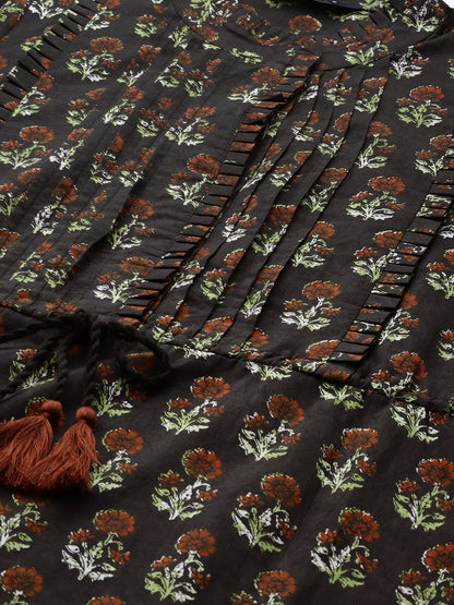 Black Printed Dress With Three Quarter Sleeves