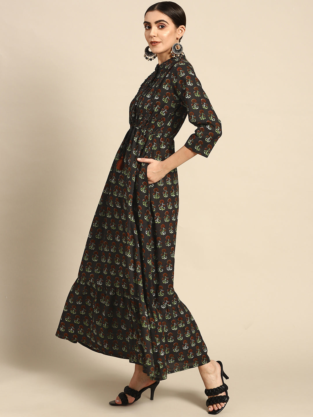 Black Printed Dress With Three Quarter Sleeves