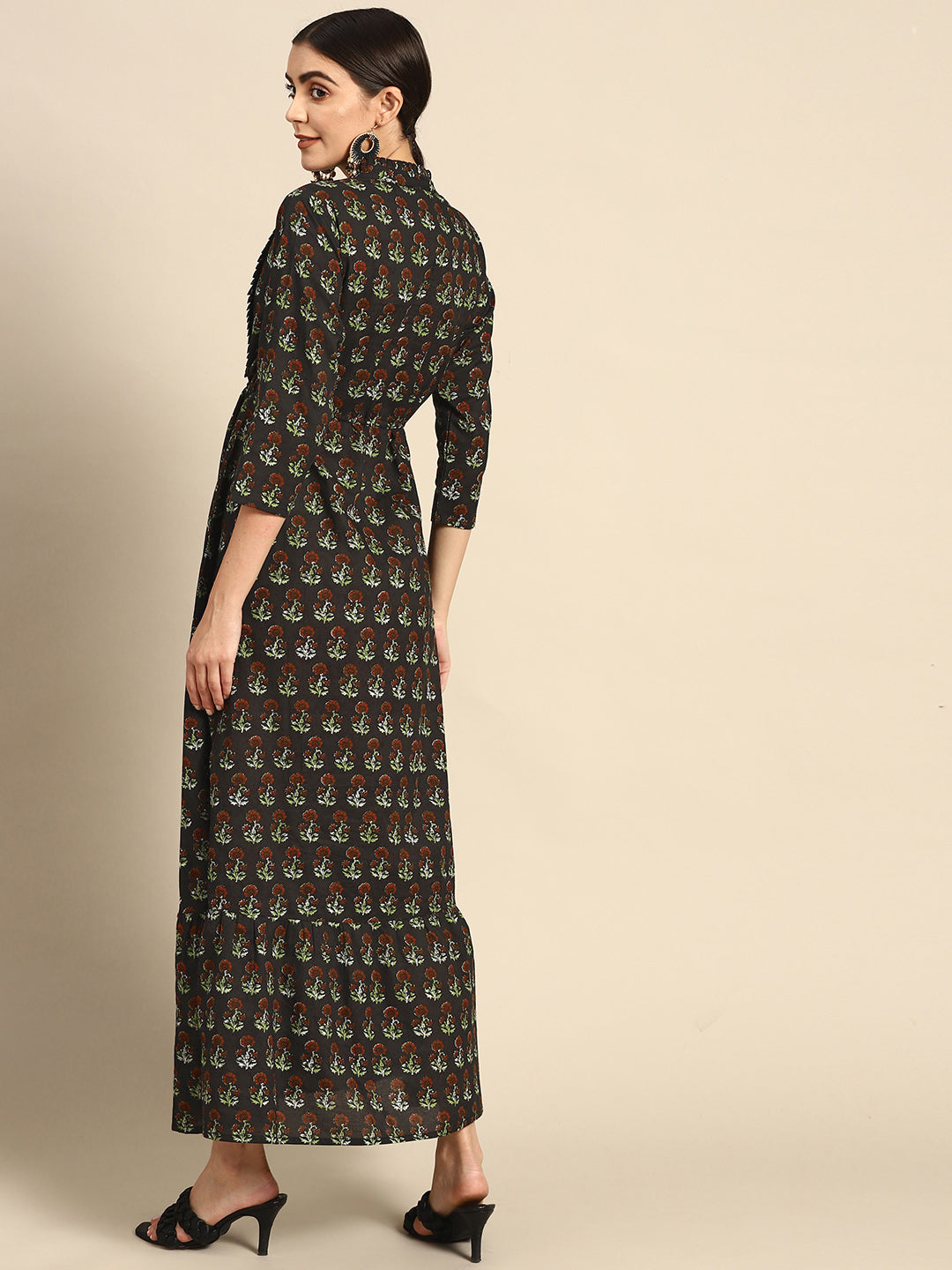 Black Printed Dress With Three Quarter Sleeves