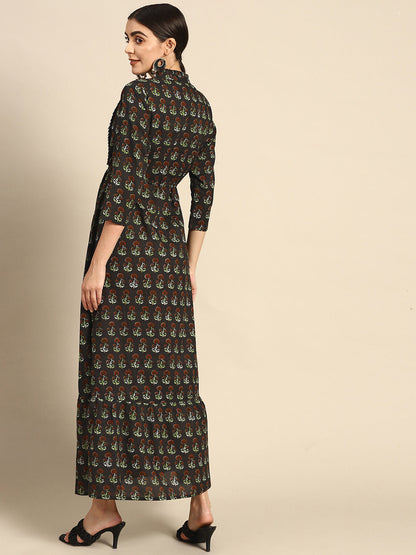 Black Printed Dress With Three Quarter Sleeves