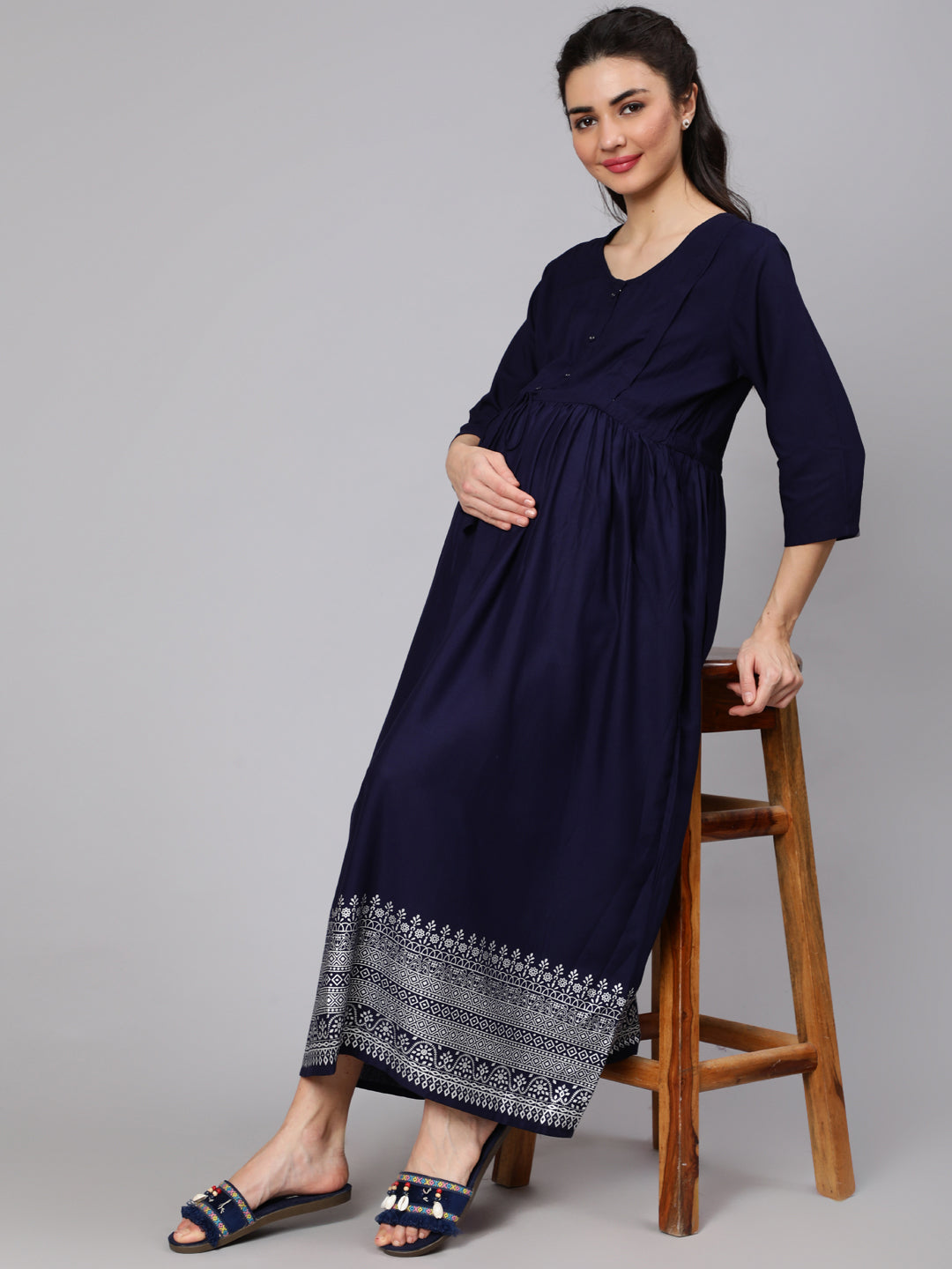Navy Blue Maternity Dress With Three Quater Sleeves