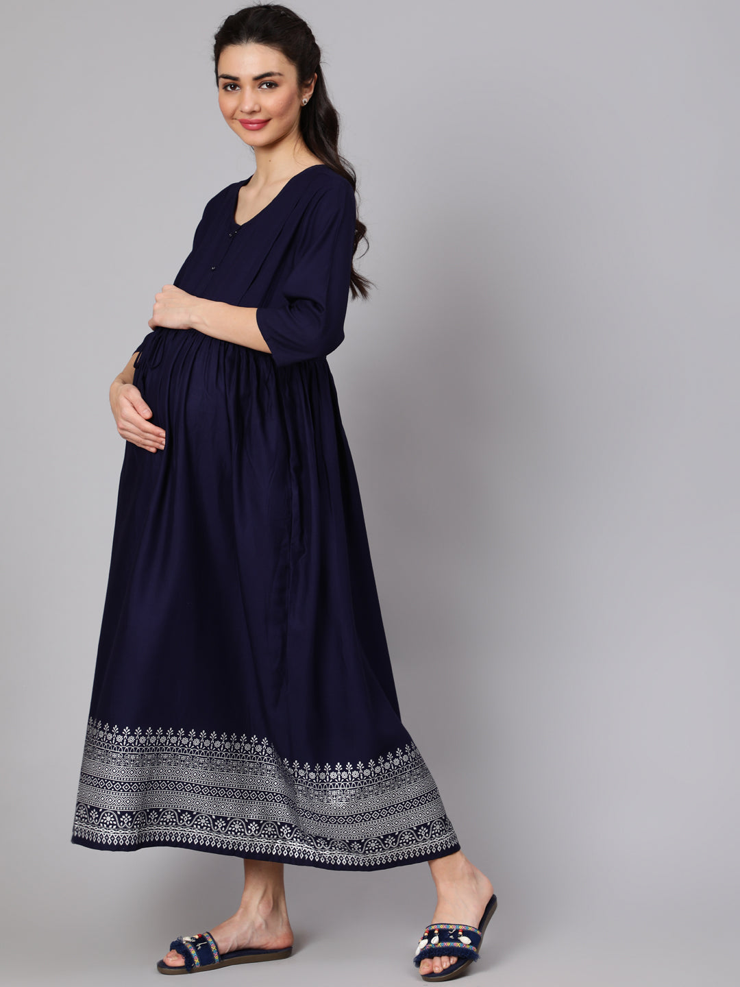 Navy Blue Maternity Dress With Three Quater Sleeves