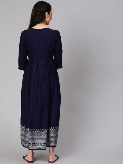 Navy Blue Maternity Dress With Three Quater Sleeves