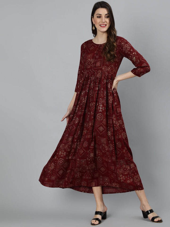 Maroon Ethnic Printed Flared Dress